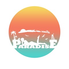 Young woman sunbathing on a beach. Silhouette of the relaxing girl on a paradise text. Palm and lifeguard tower on backdrop. Birds in the sky