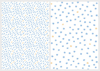 Abstract Hand Drawn Childish Vector Pattern Set. Blue and Yellow Polka Dots and Short Brush Lines on a White Background. Funny Irregular Geometric Layouts for Baby Boy. Bright Pastel Color Design. 
