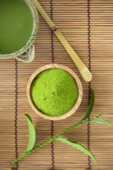 Set of matcha powder bowl wooden spoon and whisk green tea leaf Organic Green Matcha Tea ceremony