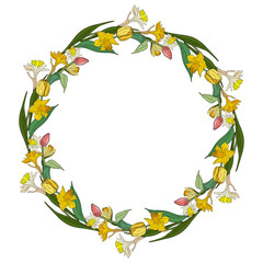 Round frame with daffodils and pink and yellow tulips. Romantic floral wreath on white background. Festive floral circle for your season design