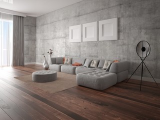 Mock up modern living room with a trendy corner sofa and stylish hipster backdrop.