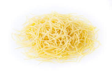 Heap of uncooked vermicelli pasta isolated on white background with clipping path