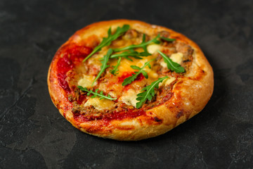 pizza, mushrooms, chicken, tomato sauce, cheese, arugula (pizza ingredients). hot pizza. Top view. copy space