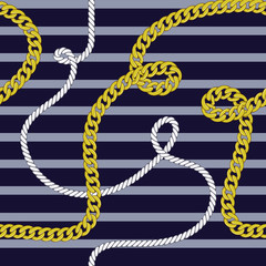 Elegant trendy modern vector seamless pattern with beautiful fashion golden chains and marine rope on a navy blue background. For textile, backrounds, posters, clotches and accessory. - 257182141