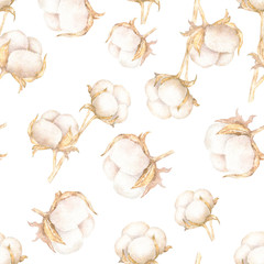 Realistic watercolor illustration of cotton isolated on white background. Pattern for textile, fabric clothing.