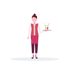 woman waitress holding tray with fresh cocktails restaurant worker in uniform standing pose cartoon character full length white background flat