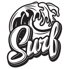 Vector monochrome calligraphic inscription surfing with wave