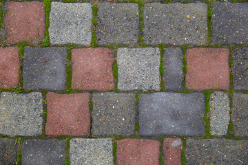The texture of the masonry on the ground covered with grass