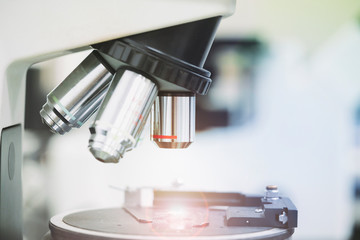 close up laboratory microscope, science and research concept