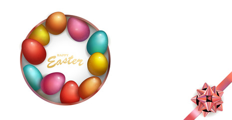Happy Easter Holiday with colored egg. Dark box design for greeting card, party invitation etc.