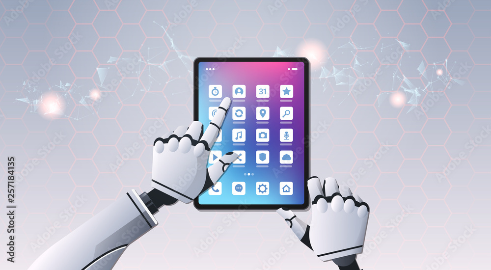 Poster robot hands using tablet computer application top angle view artificial intelligence digital futuris
