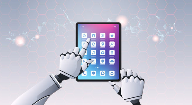 robot hands using tablet computer application top angle view artificial intelligence digital futuristic technology concept horizontal
