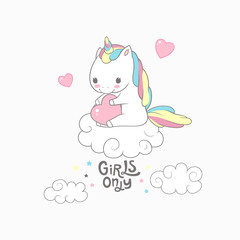 Obraz na płótnie Canvas Cute Baby Unicorn Girls Only Typography Poster. Love Invitation Inspiration Sweet Poster Dream Colorful Design. Rainbow Pegasus Miracle Banner Flat Cartoon Vector Illustration.