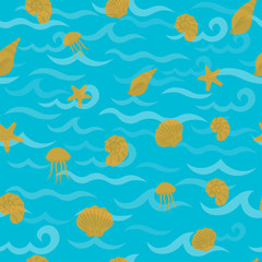 Naklejka na ściany i meble Seamless sea pattern in nautical-inspired design. Sea background with seashells, starfishes and jellyfishes. Blue ocean water wave. Vector seamless pattern with marine life.