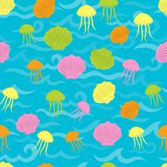 Seamless sea pattern in nautical-inspired design. Sea background with seashells, starfishes and jellyfishes. Blue ocean water wave. Vector seamless pattern with marine life.