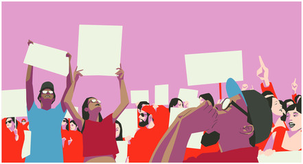 Illustration of peaceful crowd protest in color - obrazy, fototapety, plakaty