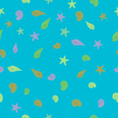 Seamless sea pattern in nautical-inspired design. Sea background with seashells, starfishes and jellyfishes. Blue ocean water wave. Vector seamless pattern with marine life.