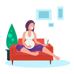 happy pregnant woman reading book girl sitting on couch pregnancy and motherhood concept flat full length living room interior