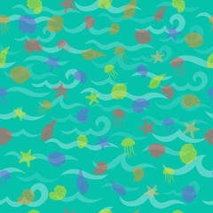 Seamless sea pattern in nautical-inspired design. Sea background with seashells, starfishes and jellyfishes. Blue ocean water wave. Vector seamless pattern with marine life.