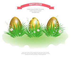 Easter golden eggs in green grass with flowers isolated on white background. Element for celebratory design. Vector