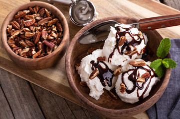 Ice Cream Sundae in a Wooden Bowl