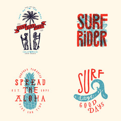 Surfing t-shirt design set. Sun sand surf - girls with surfboards under the palm three. Spread the aloha - pineapple. Surf days, good days - giant wave and a surfer - obrazy, fototapety, plakaty