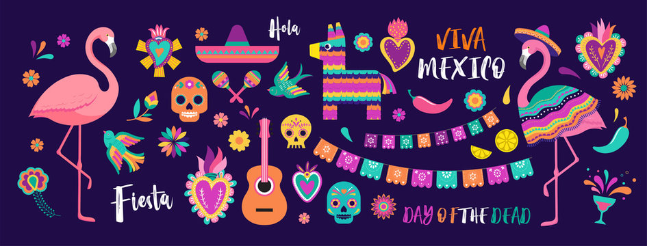 Mexican Symbols, Icons And Illustrations. Vector Collection Of Colorful Design For Cinco De Mayo, Fiesta And Day Of The Dead