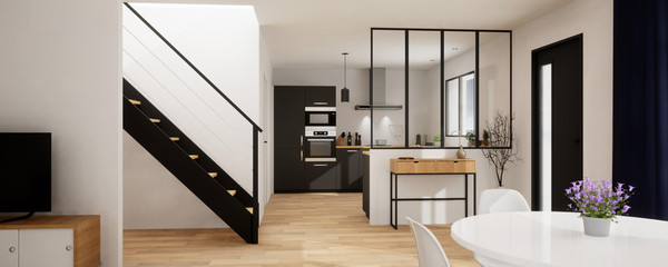 vue 3d  panoramique cuisine avec verrière  20-04