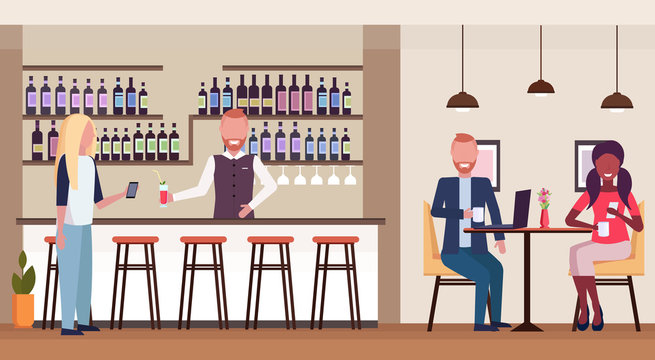 woman standing at bar counter drinking alcohol bartender holding wine bottle and glass barman serving client modern restaurant interior flat horizontal vector illustration