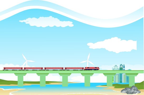 Countryside landscape, train on bridge, river vector
