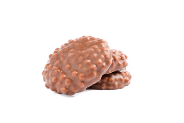 Chocolate cookies with caramel filling isolated on white background