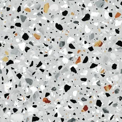 Gordijnen Terrazzo vloeren vector naadloos patroon in grijze kleuren © lalaverock