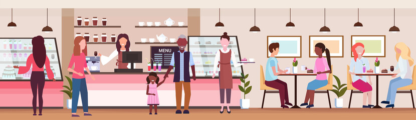 waitresses serving mix race people clients coffee shop workers hospitality service concept modern cafeteria interior flat full length horizontal banner