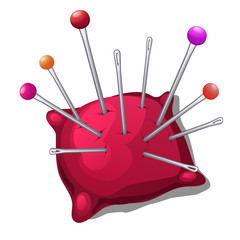 Pincushion with needles and pins isolated on white background. Set sewing studio or tailoring atelier. Vector cartoon needle cushion close-up illustration.