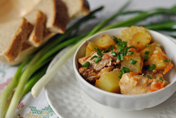 Stewed potatoes and chicken in a white plate. Green onions and pieces of bread on the table next to this Close-up