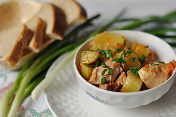 Stewed potatoes and chicken in a white plate. Green onions and pieces of bread on the table next to this Close-up