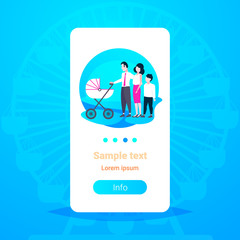 parents with son and baby in pram walking together in city urban park happy family father mother and children having fun ferris wheel background full length flat copy space