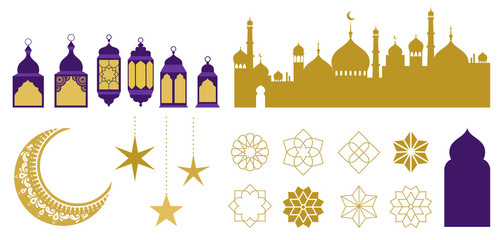 Islamic ornaments, symbols and icons. Vector illustration with moon, lanterns, patterns and city silhouette - obrazy, fototapety, plakaty