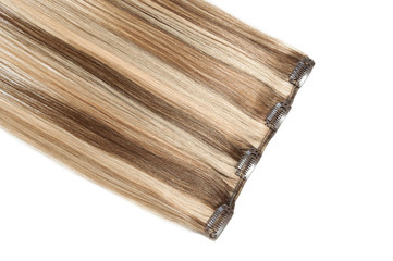 Clip in straight brown blended with blonde human hair extensions