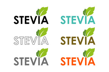 Symbol of stevia or sweet grass in colorful frame with herbal leaves. Stevia vector logo set.