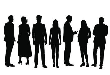 Set of vector silhouettes of  men and a women, a group of standing business people, black color isolated on white background