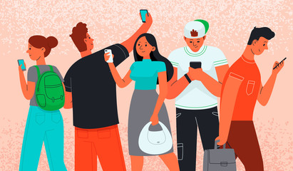 Men and women use smartphones to communicate. Internet addiction. Phone as a source of information