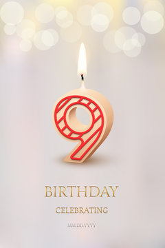 Burning number 9 birthday candle with birthday celebration text on light blurred background. Vector nineth birthday invitation template.