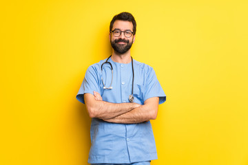 Surgeon doctor man with glasses and happy