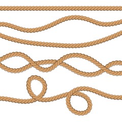 Set of different ropes. String, jute, thread, cord and twisted rope knots. Nautical yellow rope woven symbol. Template design for decoration and covering.