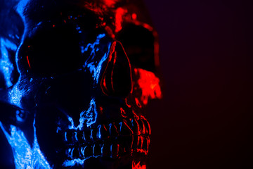 Ancient human skull head close-up. Neon blue and red light. Spooky and sinister. Glamour, disco,...