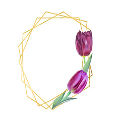 Spring tulip. Watercolor flower gold seamless wreath. 