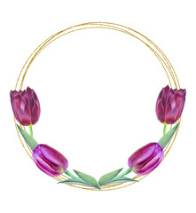 Spring tulip. Watercolor flower gold seamless wreath. 