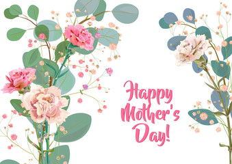 Horizontal Mother's Day card with carnation: red, pink, flowers, twigs gypsophile, leaves eucalyptus, white background. Templates for design, vintage botanical illustration in watercolor style, vector