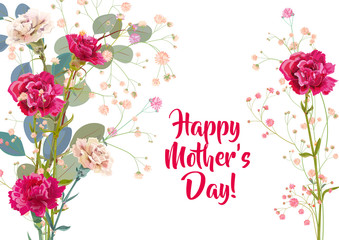 Horizontal Mother's Day card with carnation: red, pink, flowers, twigs gypsophile, leaves eucalyptus, white background. Templates for design, vintage botanical illustration in watercolor style, vector